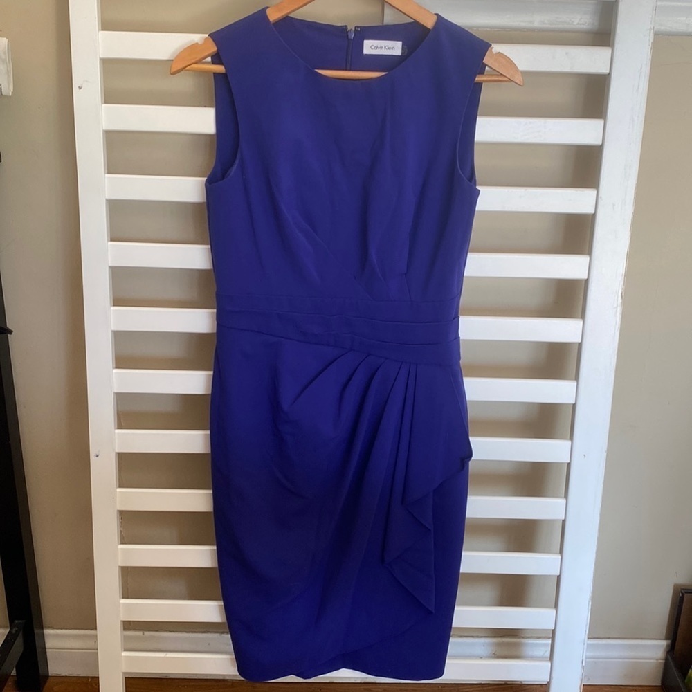 Calvin Klein Modern Blue Sheath Dress Pleated Waist Fancy Faux Wrap size 4
